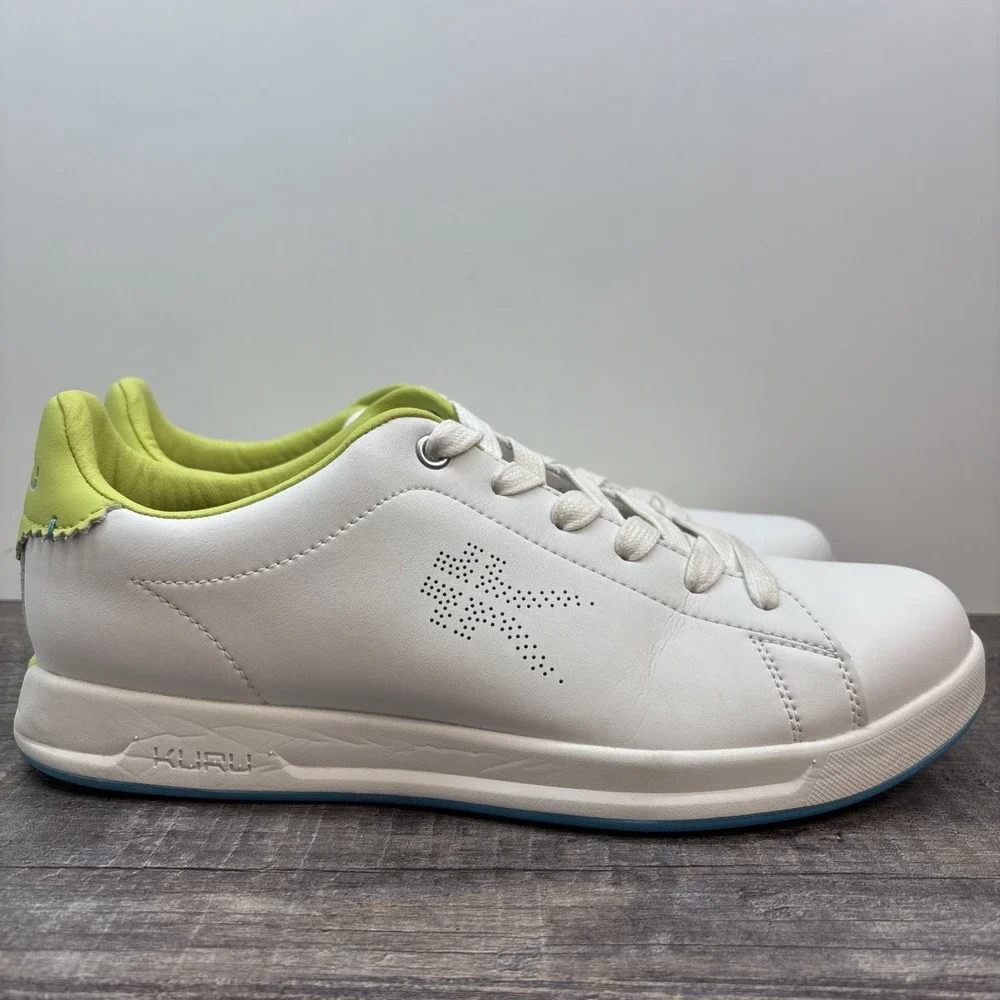KURU Roam Women's 9 Classic Court Sneaker Leather‎ Shoe Bright White-Pale Lime